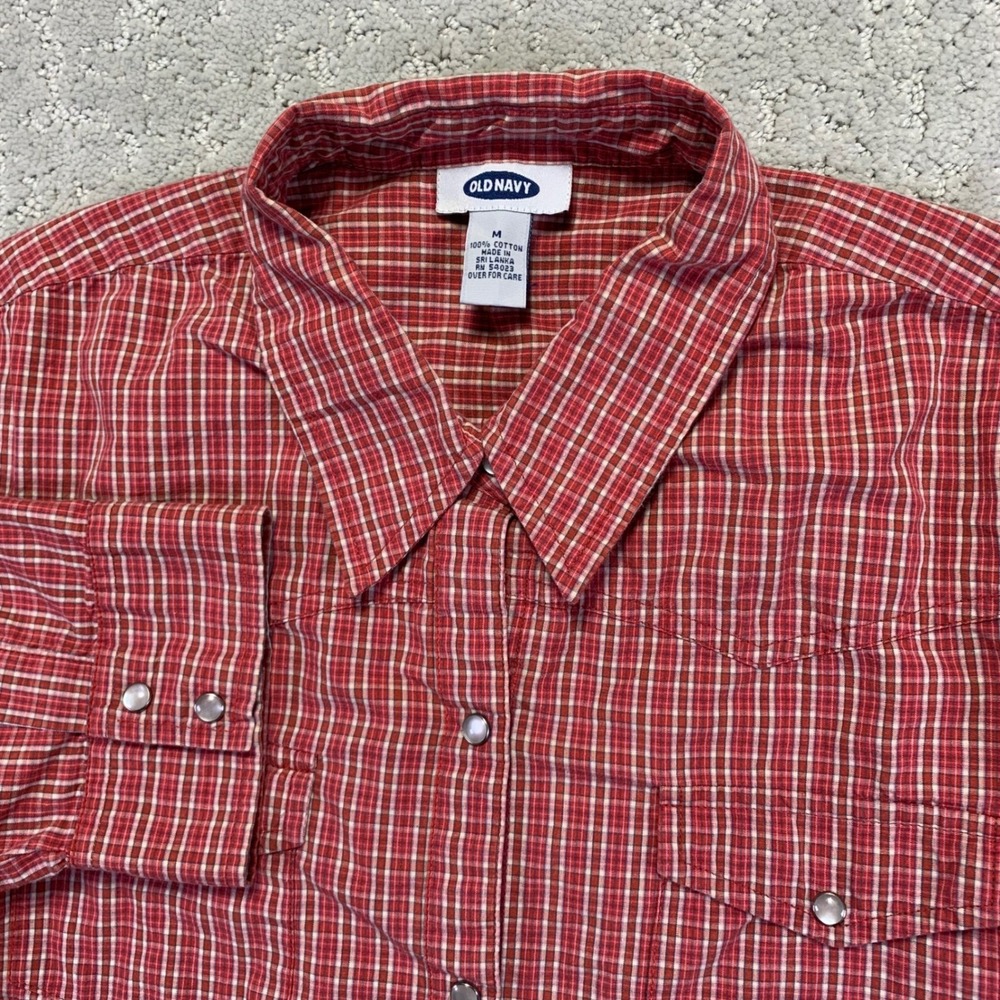 Vintage Old Navy Womens Shirt Size M Red Plaid Check 3/4 Sleeve Pearl Snap Y2k